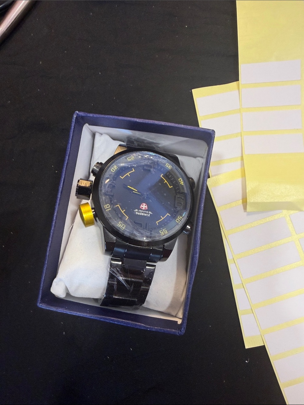 Men's Blue Stainless Steel Sport Watch with Yellow Accent